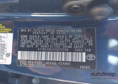 2005 Toyota Camry Xle z USA, uszkodzony, nr VIN 4T1BE30K25U075789